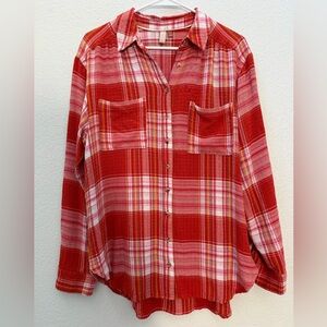 Anthropologie Pilcro Relaxed Long-Sleeve Plaid Button Down In Red Size Medium